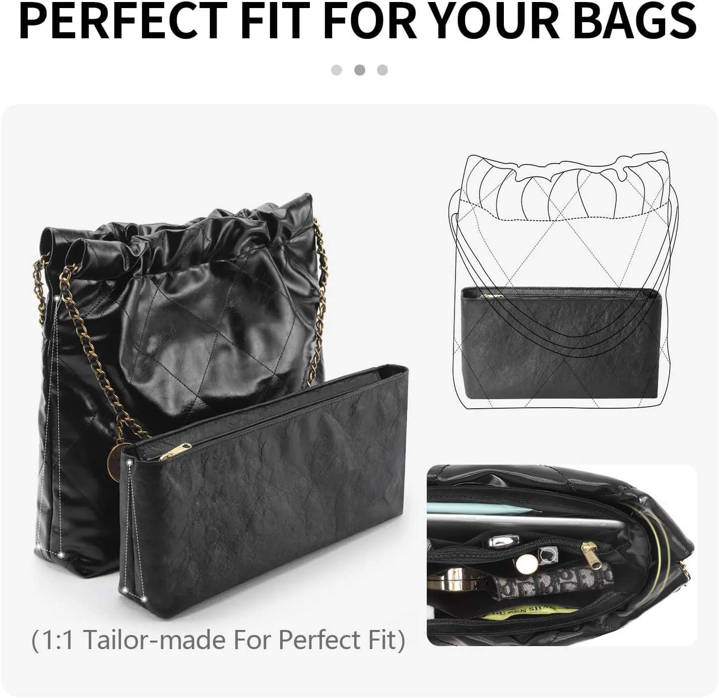 Tote Bag Organizer Insert Compatible with 22 bag Medium Handbag, Dupont Paper Inner Purse Organizer Insert Makeup Liner Bag Shaper (Black, M)