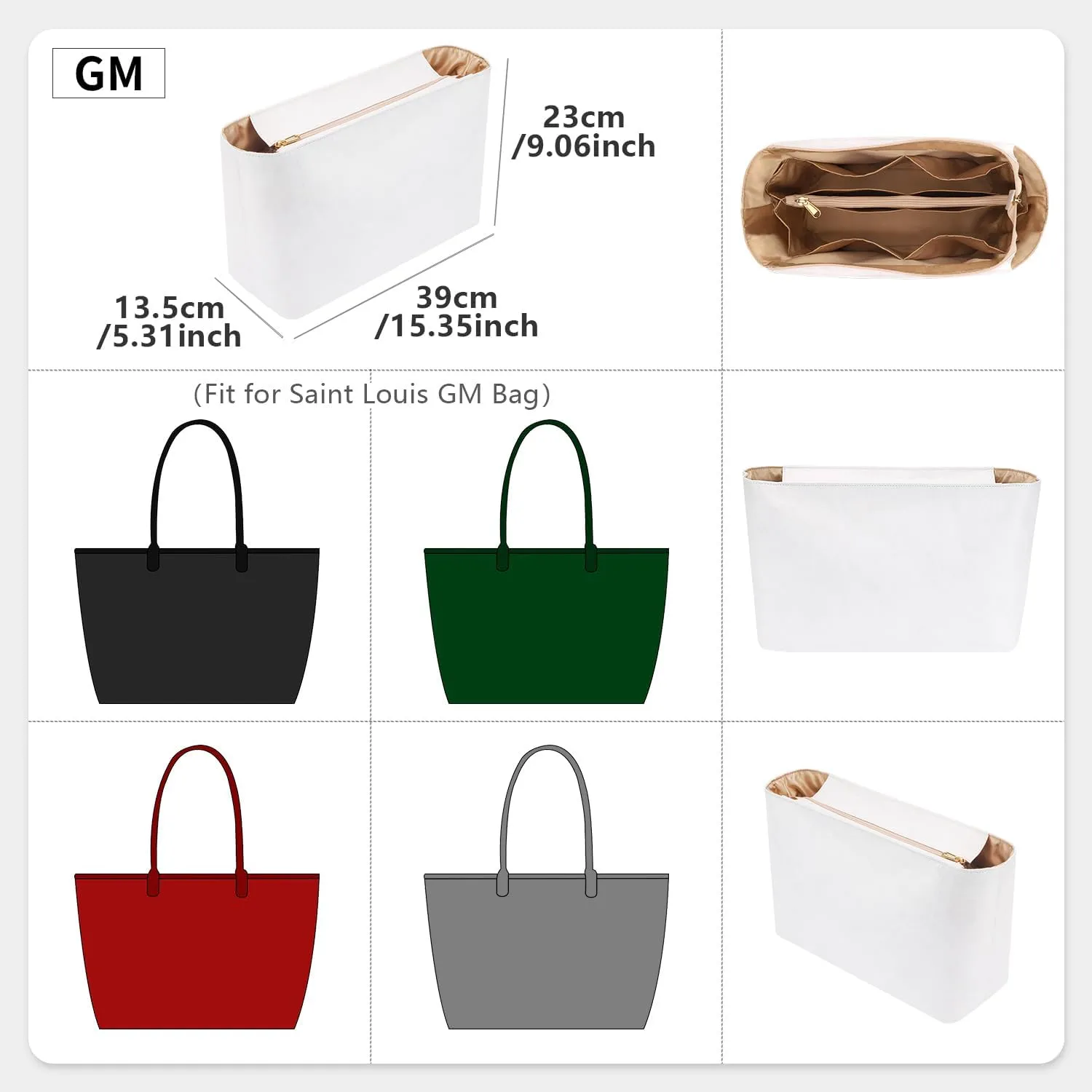 Tote Bag Organizer Insert Compatible with Geya Sain Louis GM Bag, Dupont Paper Purse Inner, Makeup Liner HandBag Shaper (White, GM)