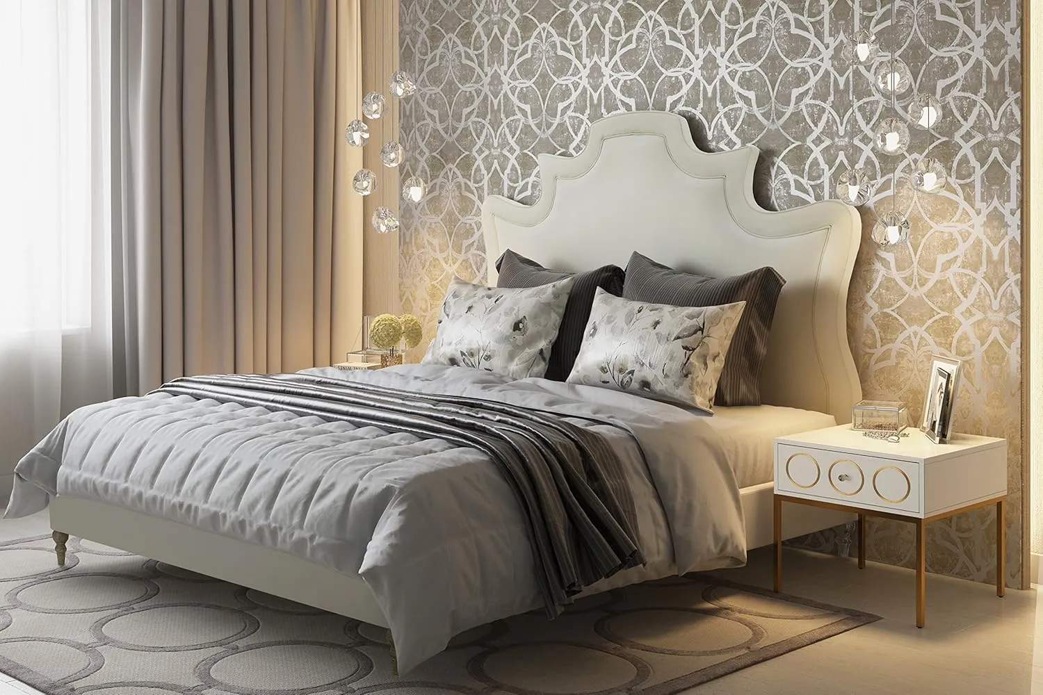 TOV Furniture The Serenity Collection Modern Handcrafted Velvet Fabric Upholstered Solid Kiln Dried Wood King Bed, King Size, Cream