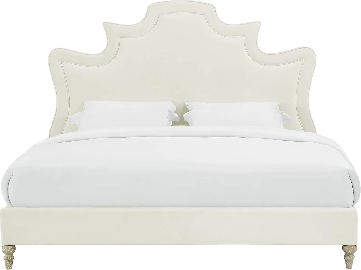 TOV Furniture The Serenity Collection Modern Handcrafted Velvet Fabric Upholstered Solid Kiln Dried Wood King Bed, King Size, Cream