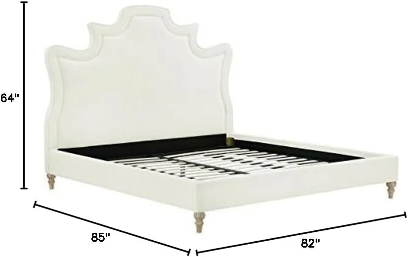 TOV Furniture The Serenity Collection Modern Handcrafted Velvet Fabric Upholstered Solid Kiln Dried Wood King Bed, King Size, Cream