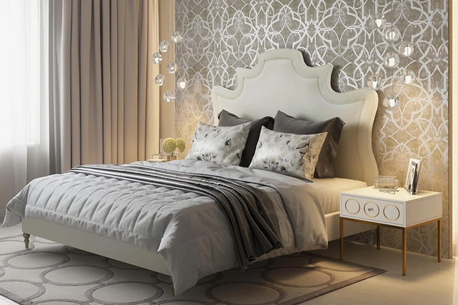 TOV Furniture The Serenity Collection Modern Handcrafted Velvet Fabric Upholstered Solid Kiln Dried Wood King Bed, King Size, Cream