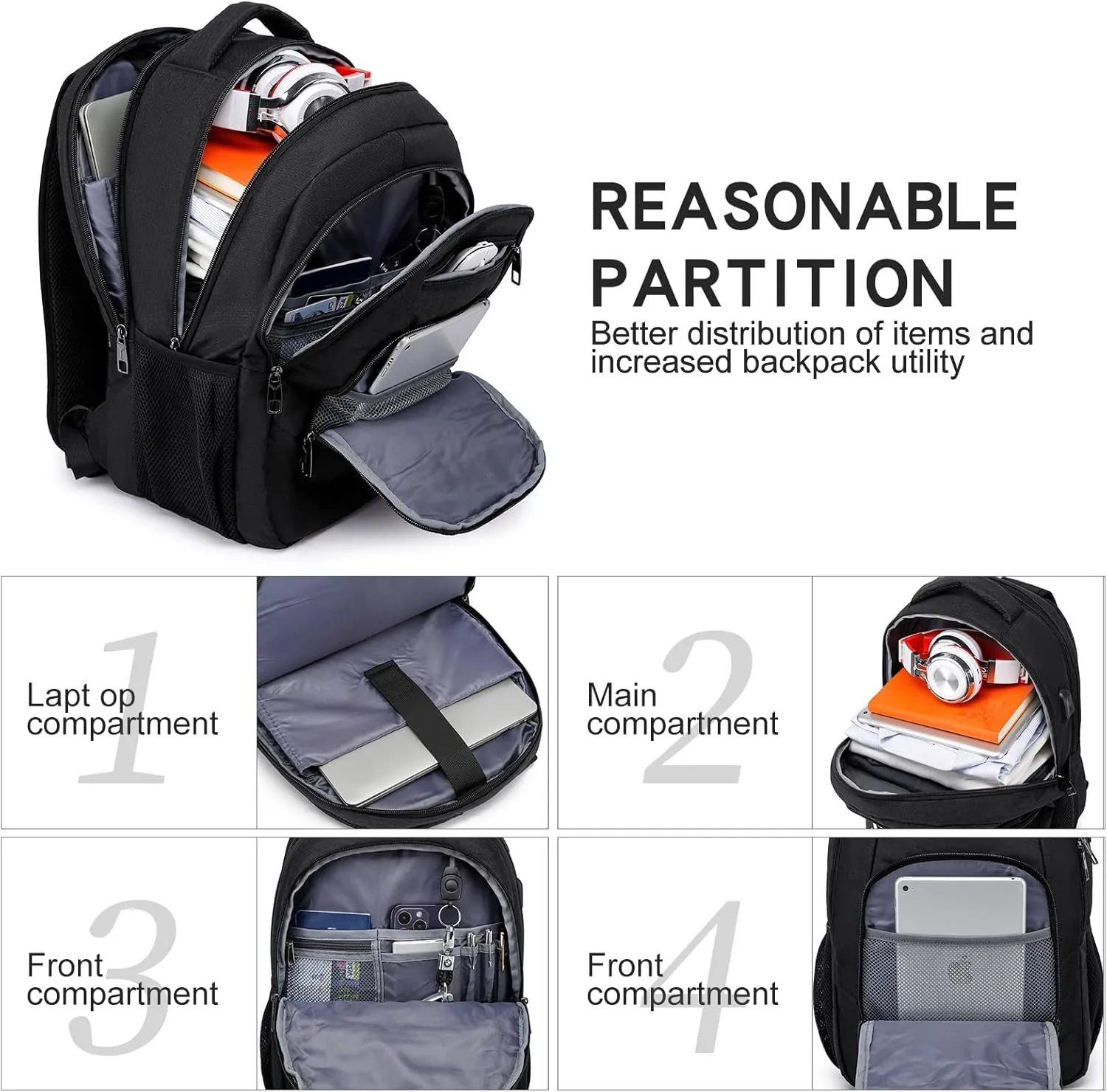 Travel Laptop Backpack, 17.3 Inch Large Backpack for School, Business Laptop Backpack with USB Charging Port, Anti Theft Water Resistant College Computer Bag Daypack for Men Women, Black