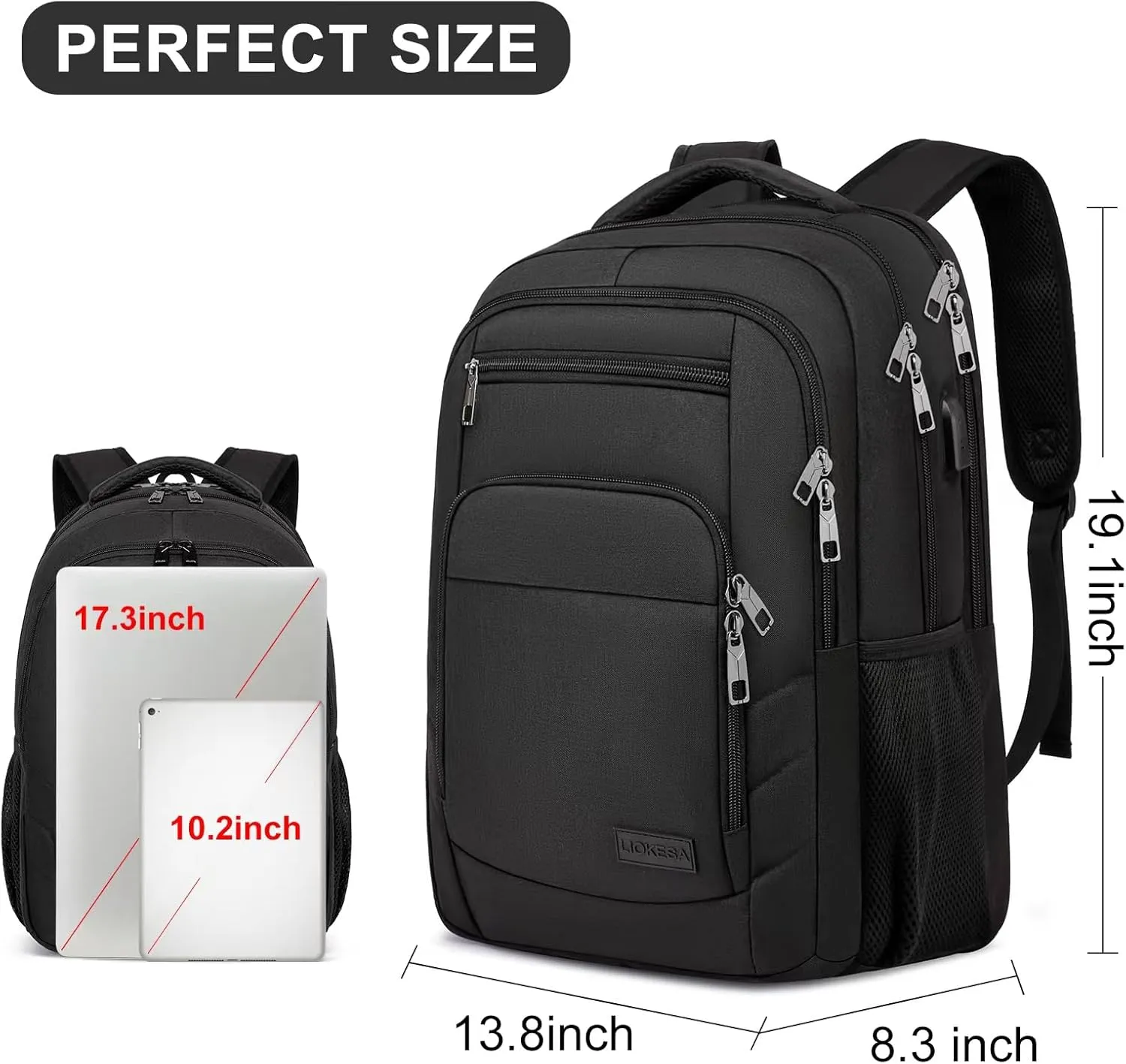 Travel Laptop Backpack, 17.3 Inch Large Backpack for School, Business Laptop Backpack with USB Charging Port, Anti Theft Water Resistant College Computer Bag Daypack for Men Women, Black