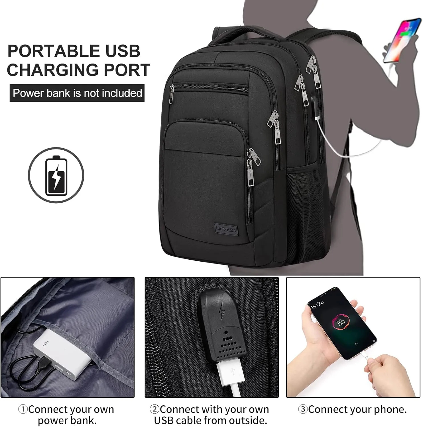 Travel Laptop Backpack, 17.3 Inch Large Backpack for School, Business Laptop Backpack with USB Charging Port, Anti Theft Water Resistant College Computer Bag Daypack for Men Women, Black