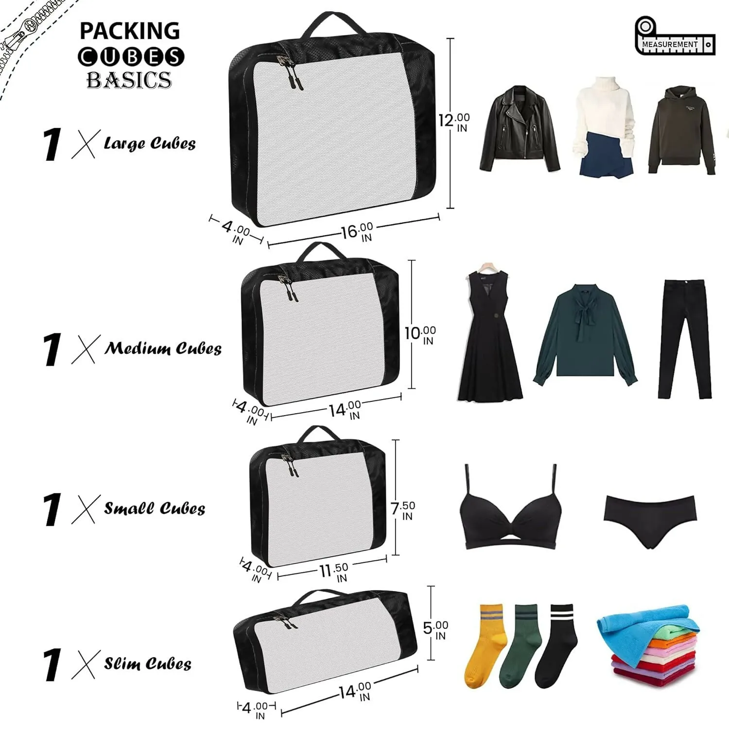 Travel Packing Cubes Polyester Organizer Bags (Pack of 4,Black)