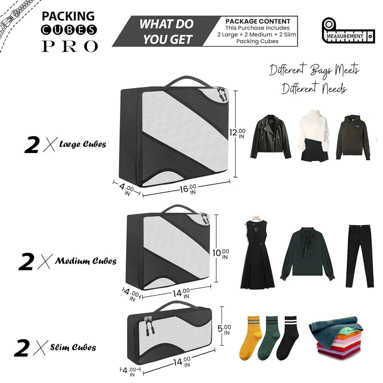 Travel Packing Cubes Polyester Organizer Bags (Pack of 4,Black)