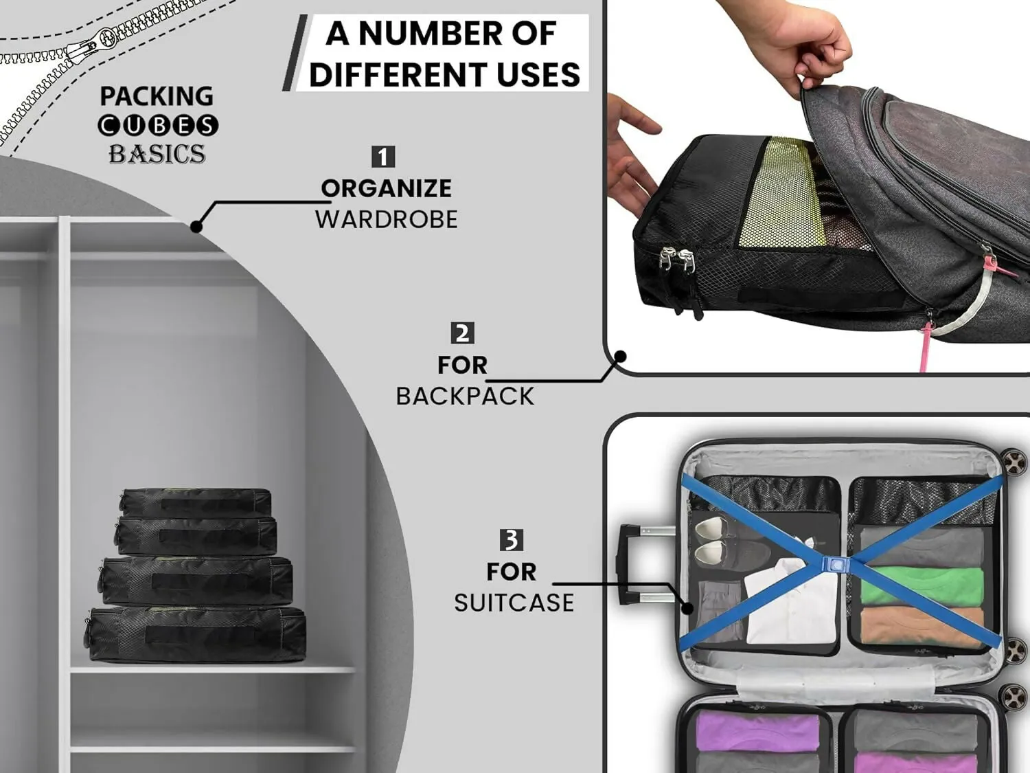 Travel Packing Cubes Polyester Organizer Bags (Pack of 4,Black)