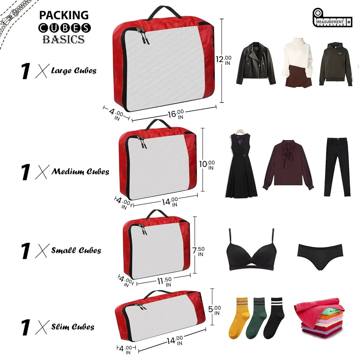 Travel Packing Cubes Polyester Organizer Bags (Pack of 4,Red)