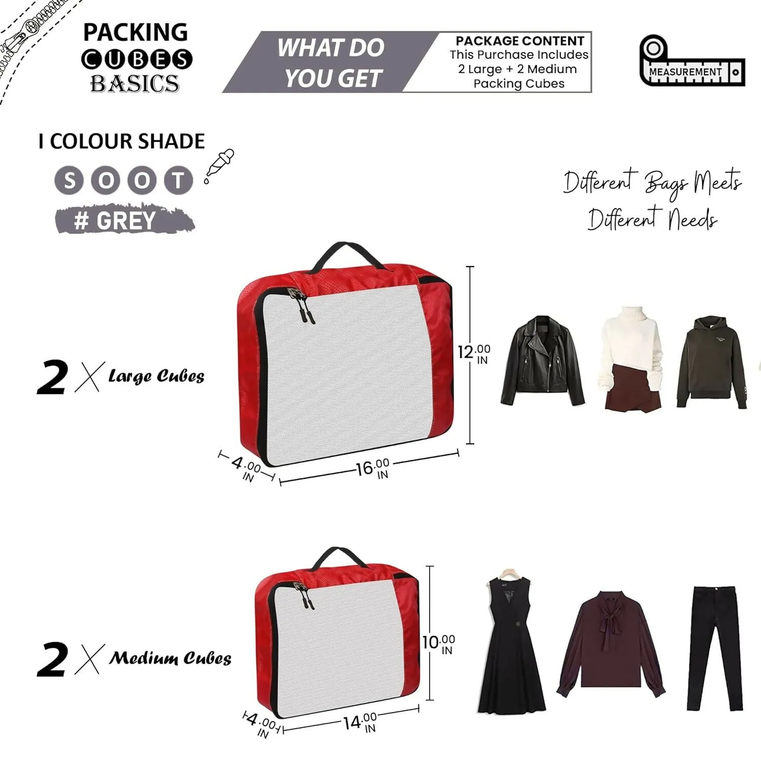 Travel Packing Cubes Polyester Organizer Bags (Pack of 4,Red)