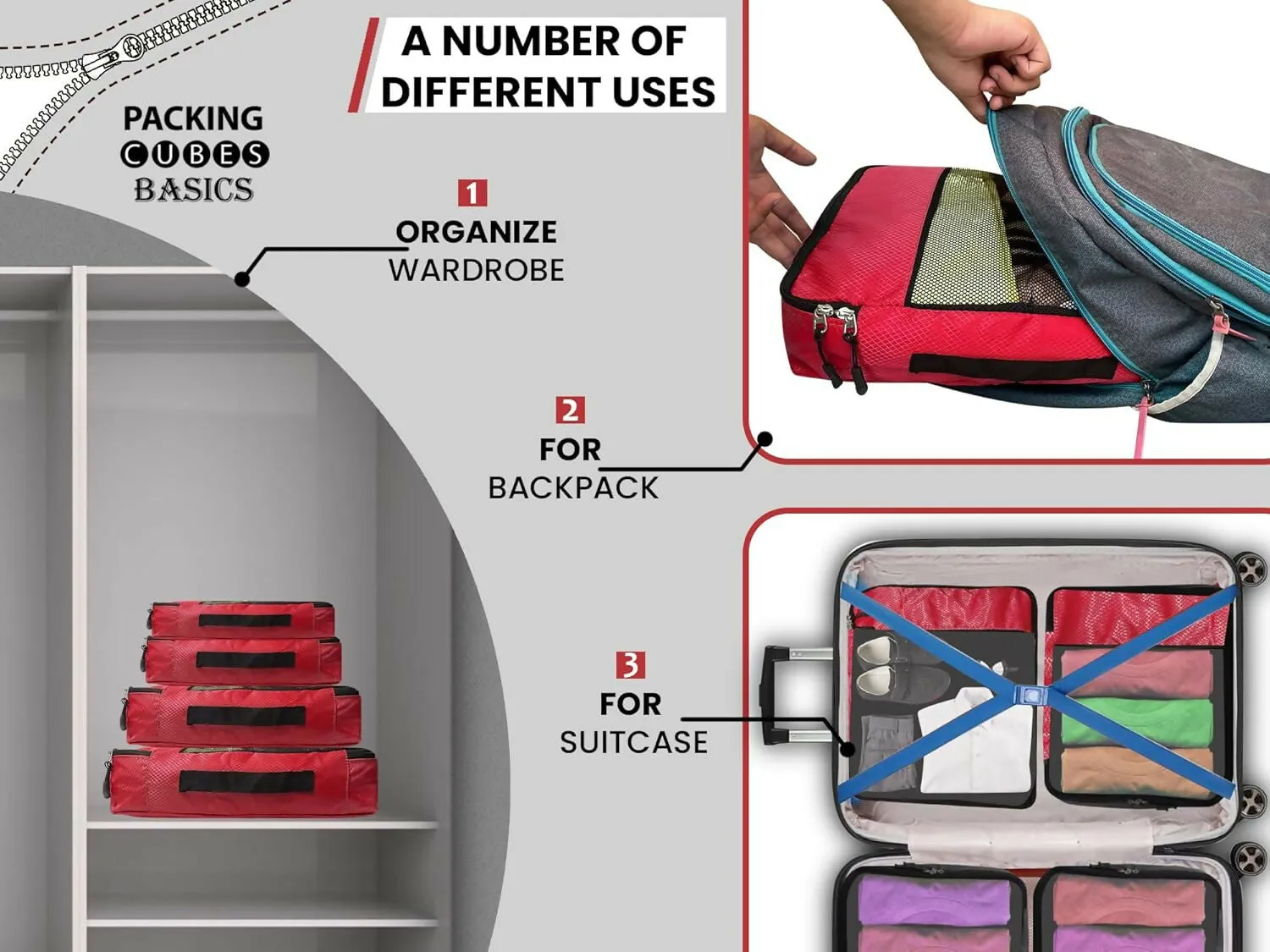 Travel Packing Cubes Polyester Organizer Bags (Pack of 4,Red)