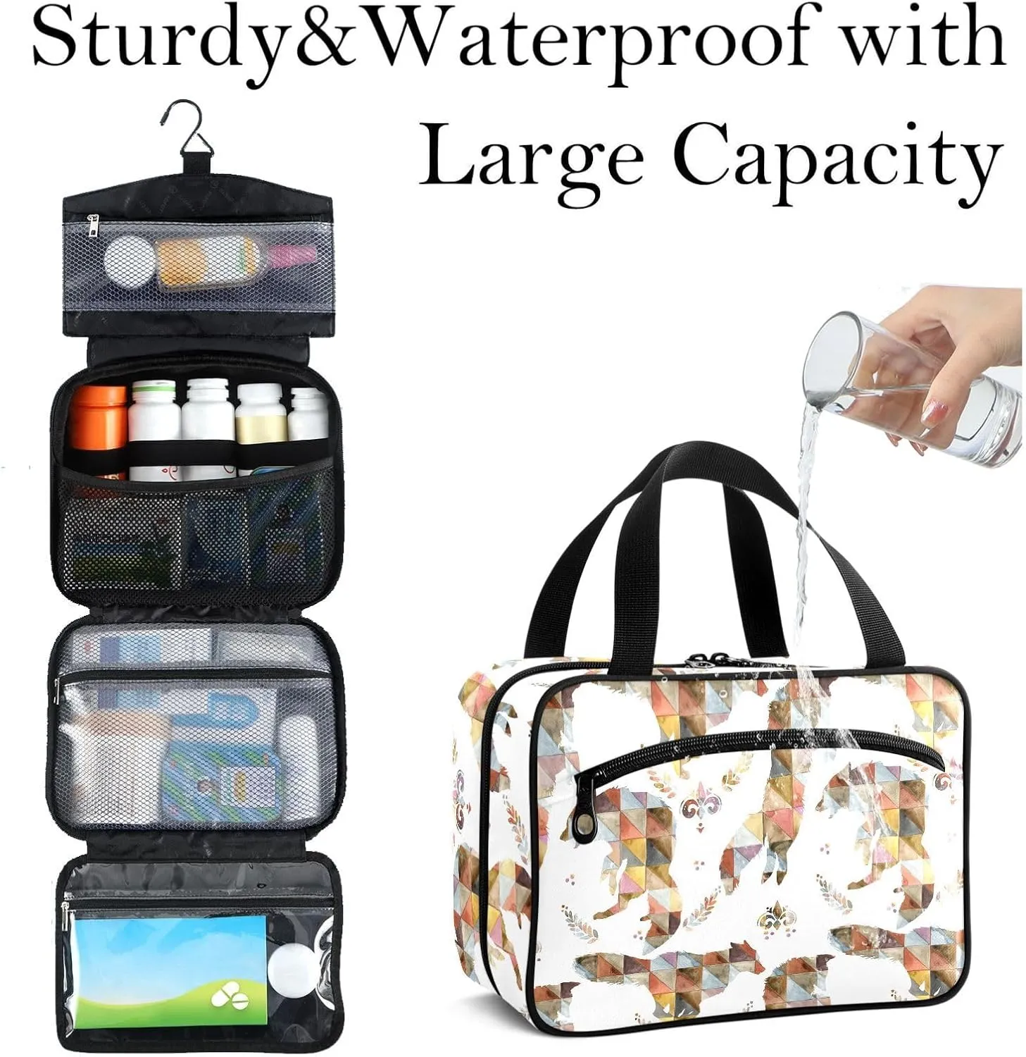 Travel Toiletry Bag for Woman/Men,Argyle Wolf Wildlife Animal Hanging Organizer Bag with Pockets Portable Folding Travel Case Bags for Makeup Cosmetic Toiletries Storage Traveling-M