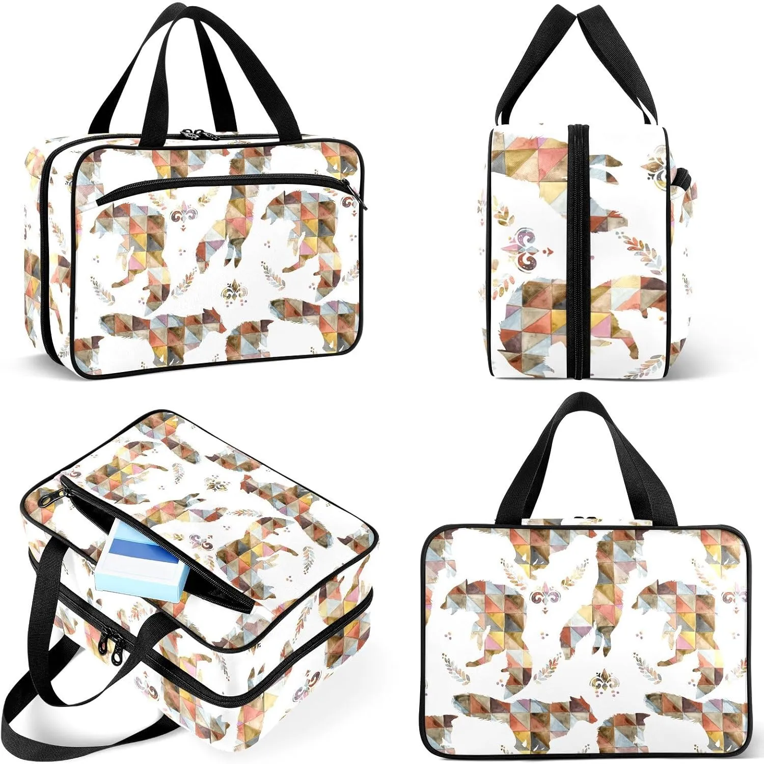 Travel Toiletry Bag for Woman/Men,Argyle Wolf Wildlife Animal Hanging Organizer Bag with Pockets Portable Folding Travel Case Bags for Makeup Cosmetic Toiletries Storage Traveling-M