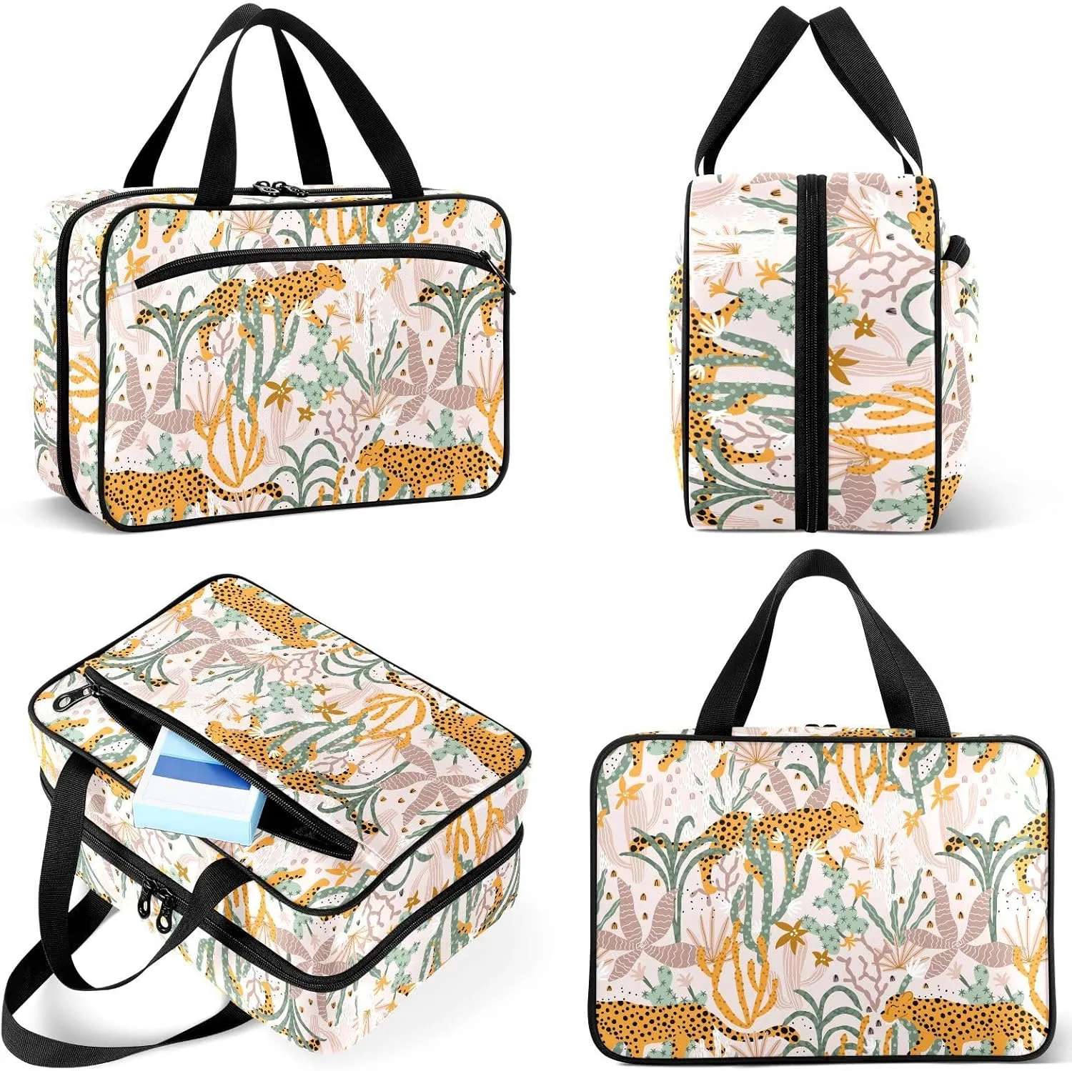 Travel Toiletry Bag for Woman/Men,Cactus Leopard Wild Animal Cheetah Hanging Organizer Bag with Pockets Portable Folding Travel Case Bags for Makeup Cosmetic Toiletries Storage Traveling-M
