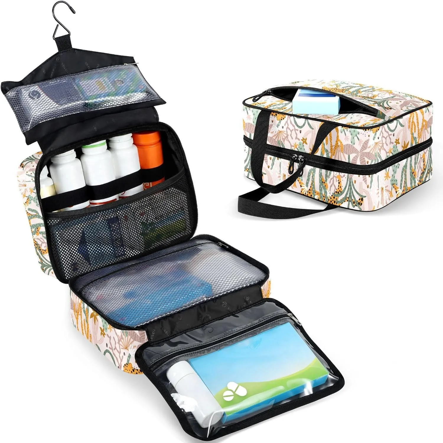 Travel Toiletry Bag for Woman/Men,Cactus Leopard Wild Animal Cheetah Hanging Organizer Bag with Pockets Portable Folding Travel Case Bags for Makeup Cosmetic Toiletries Storage Traveling-M