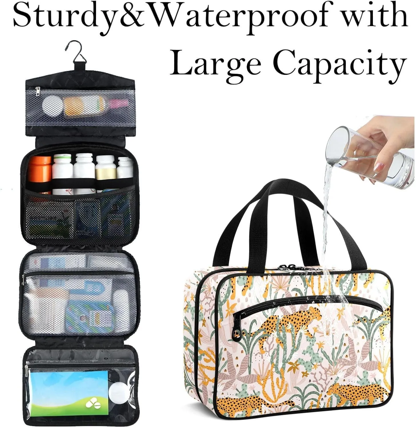 Travel Toiletry Bag for Woman/Men,Cactus Leopard Wild Animal Cheetah Hanging Organizer Bag with Pockets Portable Folding Travel Case Bags for Makeup Cosmetic Toiletries Storage Traveling-M
