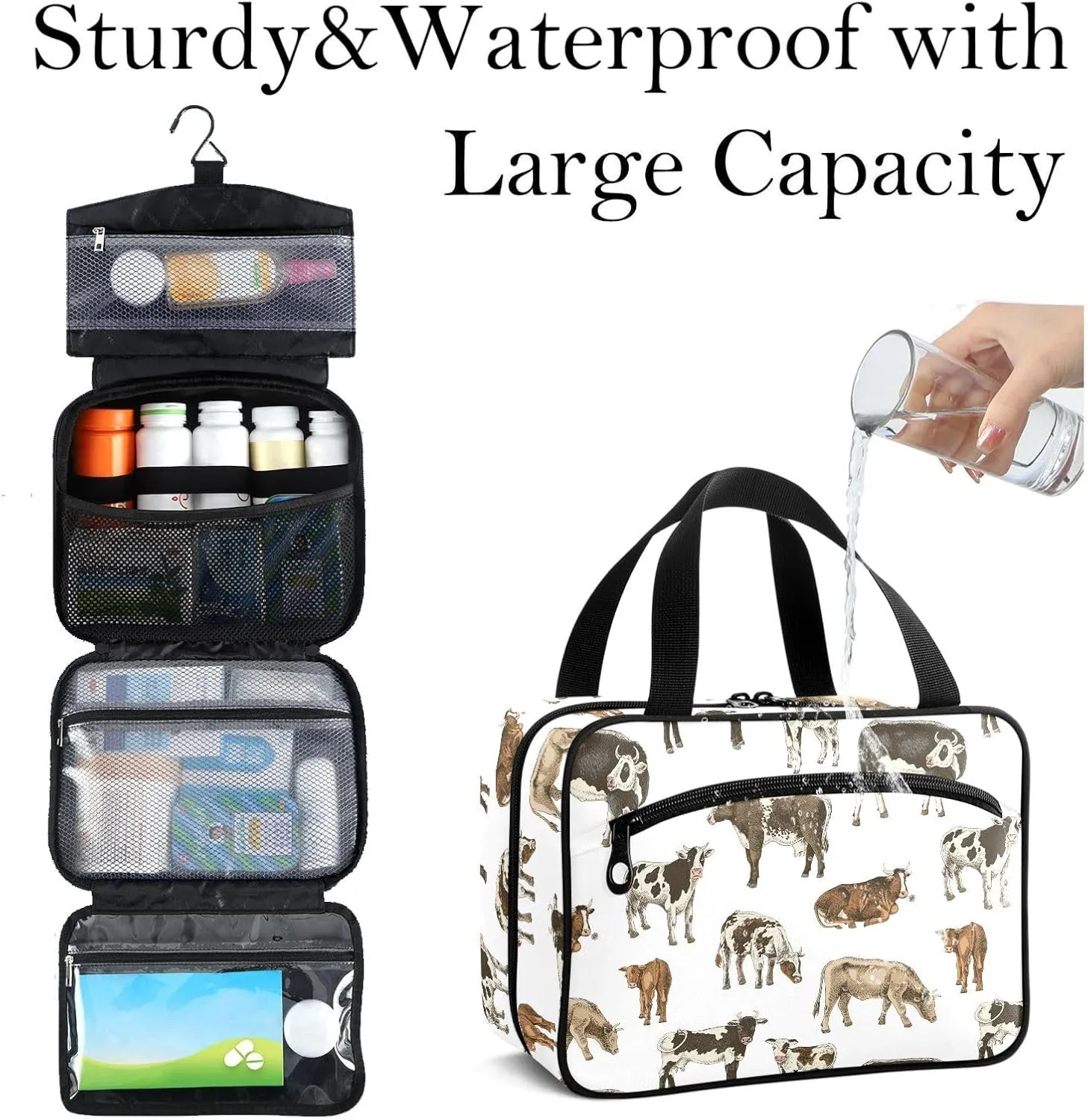 Travel Toiletry Bag for Woman/Men,Dairy Cow Farm Cattle Black White Farmhouse Hanging Organizer Bag with Pockets Portable Folding Travel Case Bags for Makeup Cosmetic Toiletries Storage Traveling-M