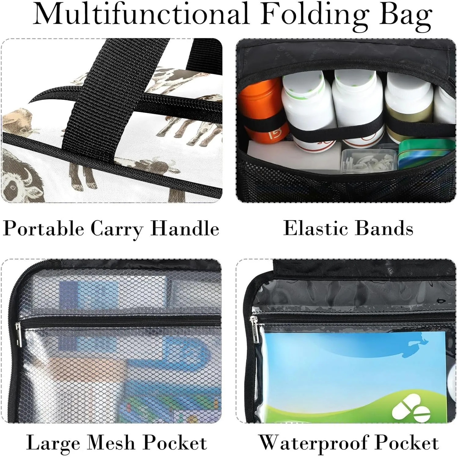 Travel Toiletry Bag for Woman/Men,Dairy Cow Farm Cattle Black White Farmhouse Hanging Organizer Bag with Pockets Portable Folding Travel Case Bags for Makeup Cosmetic Toiletries Storage Traveling-M