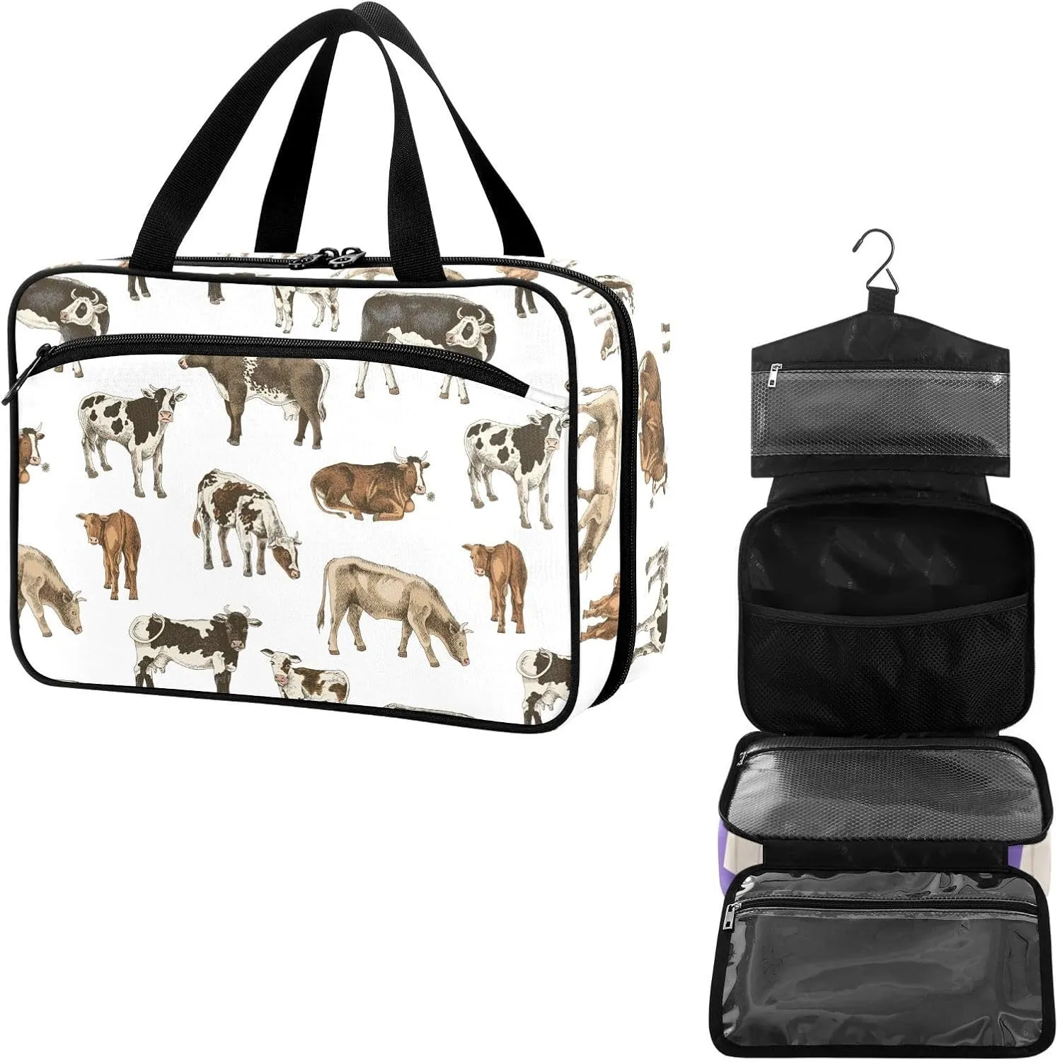 Travel Toiletry Bag for Woman/Men,Dairy Cow Farm Cattle Black White Farmhouse Hanging Organizer Bag with Pockets Portable Folding Travel Case Bags for Makeup Cosmetic Toiletries Storage Traveling-M