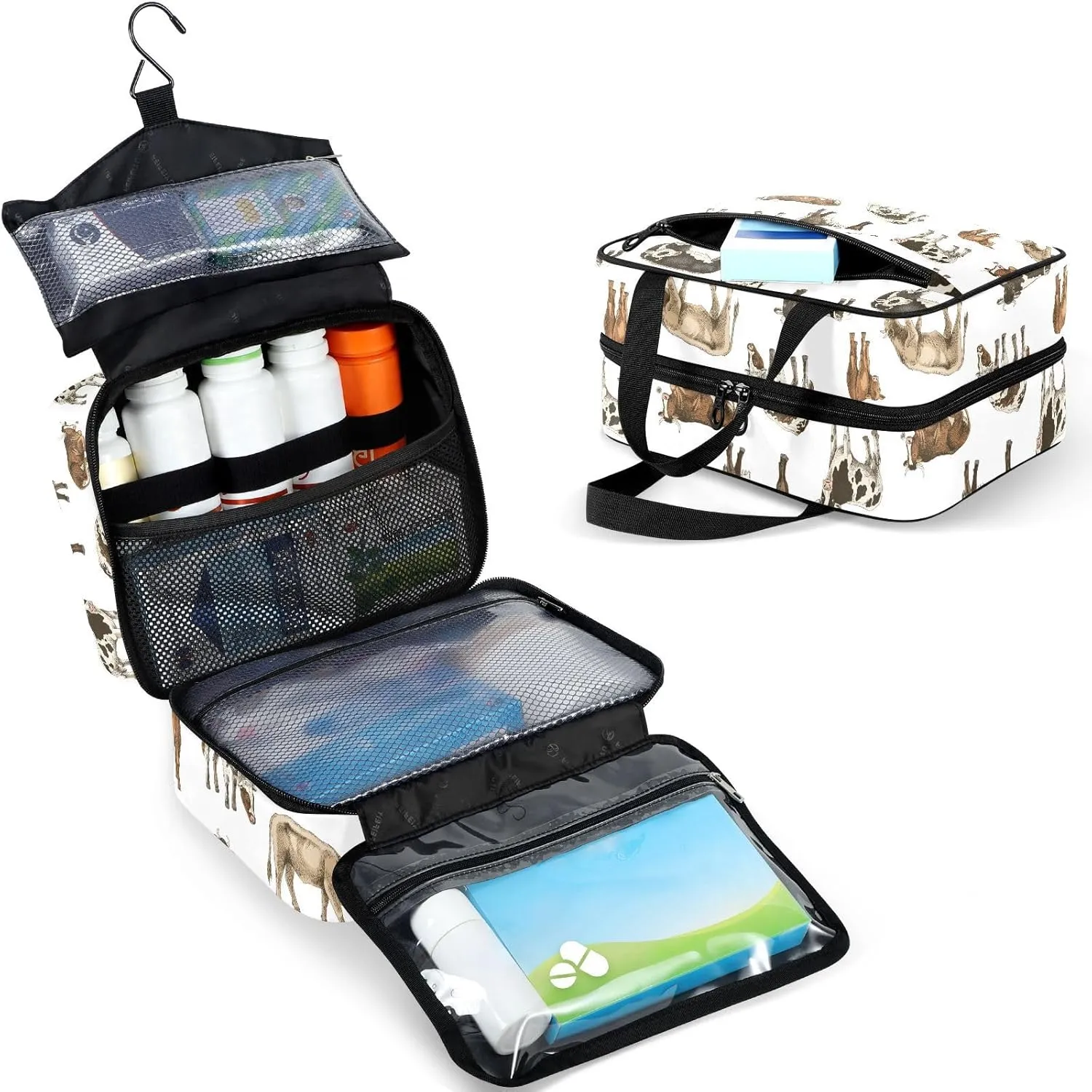 Travel Toiletry Bag for Woman/Men,Dairy Cow Farm Cattle Black White Farmhouse Hanging Organizer Bag with Pockets Portable Folding Travel Case Bags for Makeup Cosmetic Toiletries Storage Traveling-M