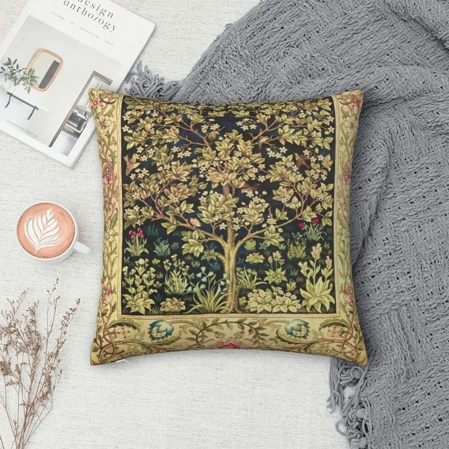 Tree William Morris Greenery Forest Animals Pheasant Fox Blue Green Floral Decorative Throw Pillow Covers 18x18 inch Cozy Soft Pillowcase Aesthetic Cushion Cover for Home Decor Sofa Living Room