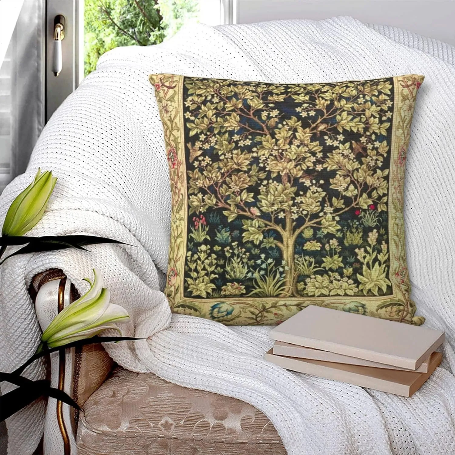 Tree William Morris Greenery Forest Animals Pheasant Fox Blue Green Floral Decorative Throw Pillow Covers 18x18 inch Cozy Soft Pillowcase Aesthetic Cushion Cover for Home Decor Sofa Living Room