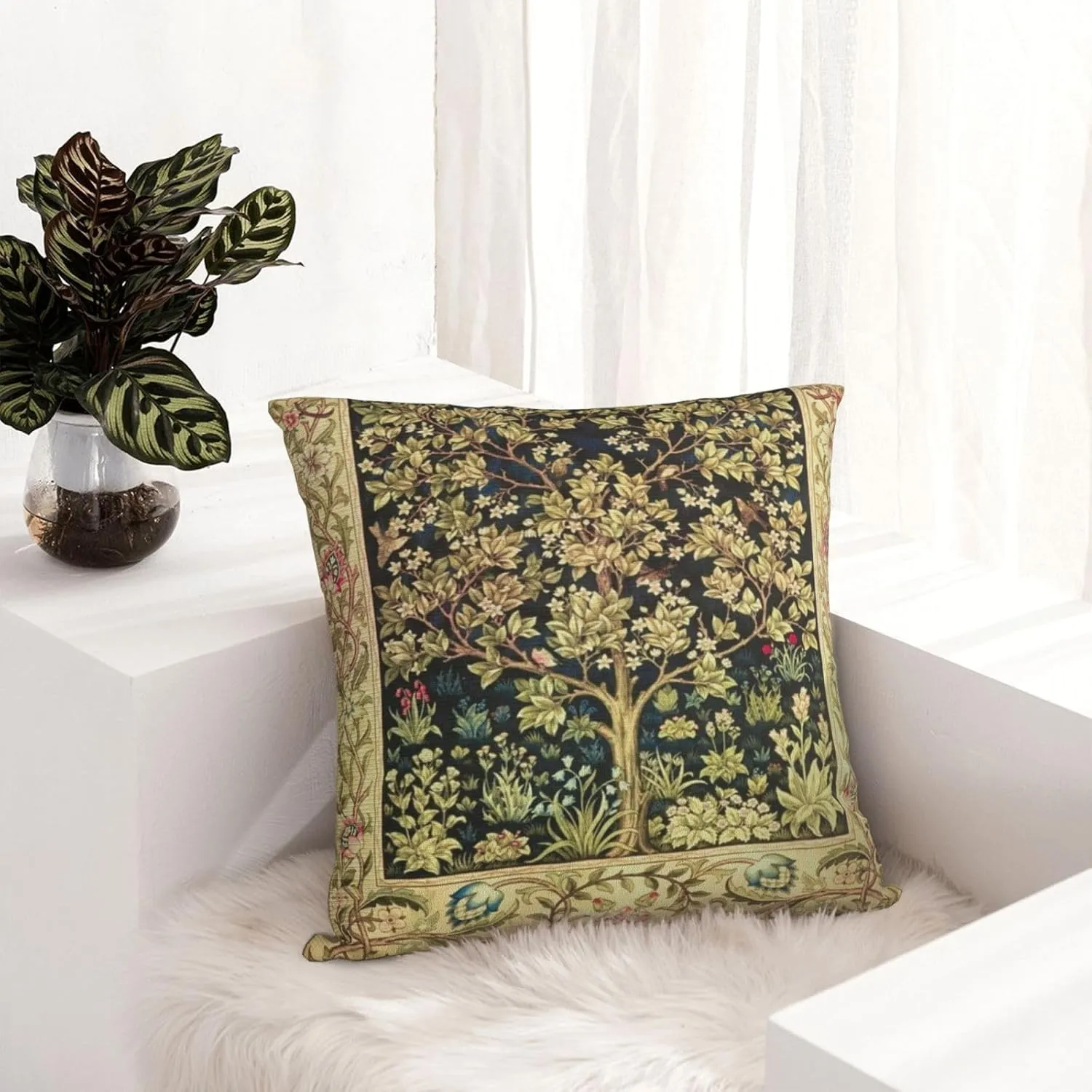 Tree William Morris Greenery Forest Animals Pheasant Fox Blue Green Floral Decorative Throw Pillow Covers 18x18 inch Cozy Soft Pillowcase Aesthetic Cushion Cover for Home Decor Sofa Living Room