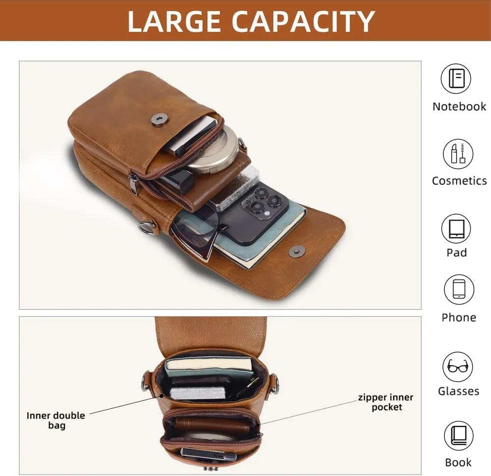 Trendy Small Crossbody Bag for Women Leather Cell Phone Purse with Triple Compartments & Card Slots, Lightweight Shoulder Bag