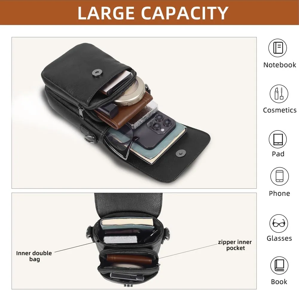 Trendy Small Crossbody Bag for Women Leather Cell Phone Purse with Triple Compartments & Card Slots, Lightweight Shoulder Bag