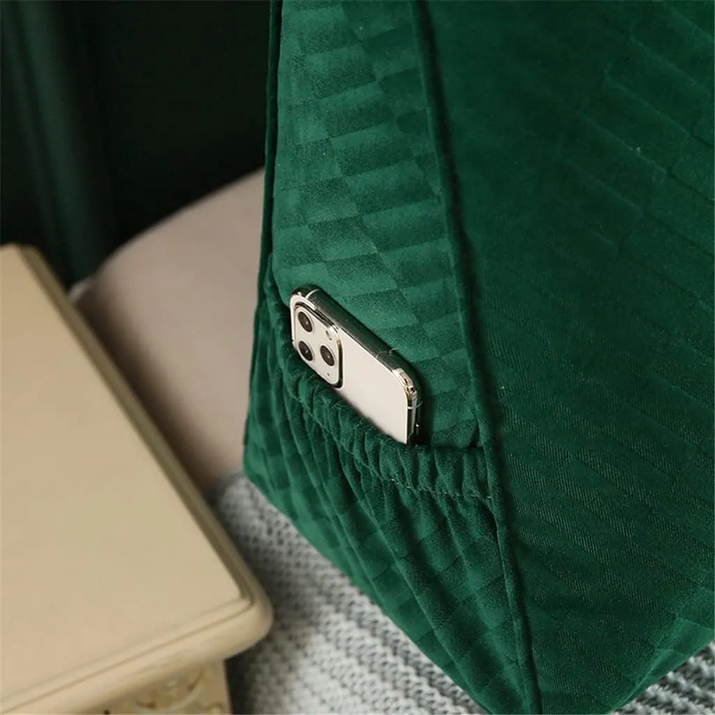 Triangular Headboard Pillow with Side Pockets, Solid Color Velvet Cushion Reading Pillow, Large Bolster Positioning Support Wedge Pillow for Daybed Bed with Removable Cover,Green,Twin/100cm