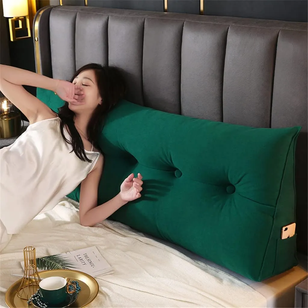 Triangular Headboard Pillow with Side Pockets, Solid Color Velvet Cushion Reading Pillow, Large Bolster Positioning Support Wedge Pillow for Daybed Bed with Removable Cover,Green,Twin/100cm