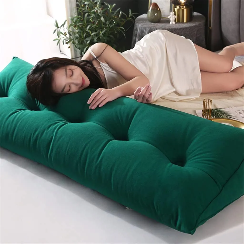 Triangular Headboard Pillow with Side Pockets, Solid Color Velvet Cushion Reading Pillow, Large Bolster Positioning Support Wedge Pillow for Daybed Bed with Removable Cover,Green,Twin/100cm
