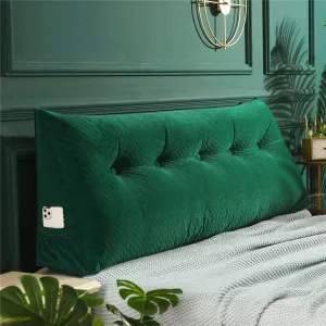 Triangular Headboard Pillow with Side Pockets, Solid Color Velvet Cushion Reading Pillow, Large Bolster Positioning Support Wedge Pillow for Daybed Bed with Removable Cover,Green,Twin/100cm