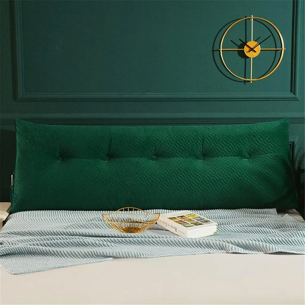 Triangular Headboard Pillow with Side Pockets, Solid Color Velvet Cushion Reading Pillow, Large Bolster Positioning Support Wedge Pillow for Daybed Bed with Removable Cover,Green,Twin/100cm