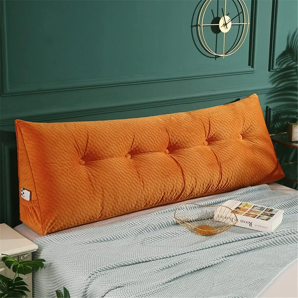 Triangular Headboard Pillow with Side Pockets, Solid Color Velvet Cushion Reading Pillow, Large Bolster Positioning Support Wedge Pillow for Daybed Bed with Removable Cover,Orange,Twin/100cm