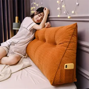 Triangular Headboard Pillow with Side Pockets, Solid Color Velvet Cushion Reading Pillow, Large Bolster Positioning Support Wedge Pillow for Daybed Bed with Removable Cover,Orange,Twin/100cm
