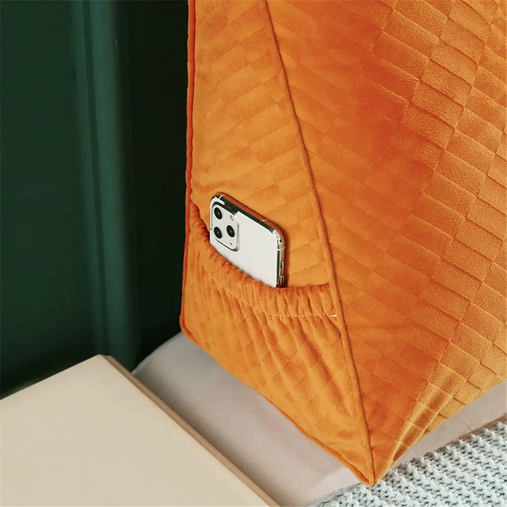 Triangular Headboard Pillow with Side Pockets, Solid Color Velvet Cushion Reading Pillow, Large Bolster Positioning Support Wedge Pillow for Daybed Bed with Removable Cover,Orange,Twin/100cm