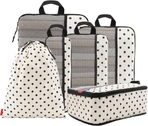 U U 6 Set Compression Packing Cubes - Ultralight Travel Organizers with Laundry Bag, Space-Saving Suitcase Organizer, Expandable Packing Cubes for Travel, Business Trip and Family Vacation (Polka Dot)