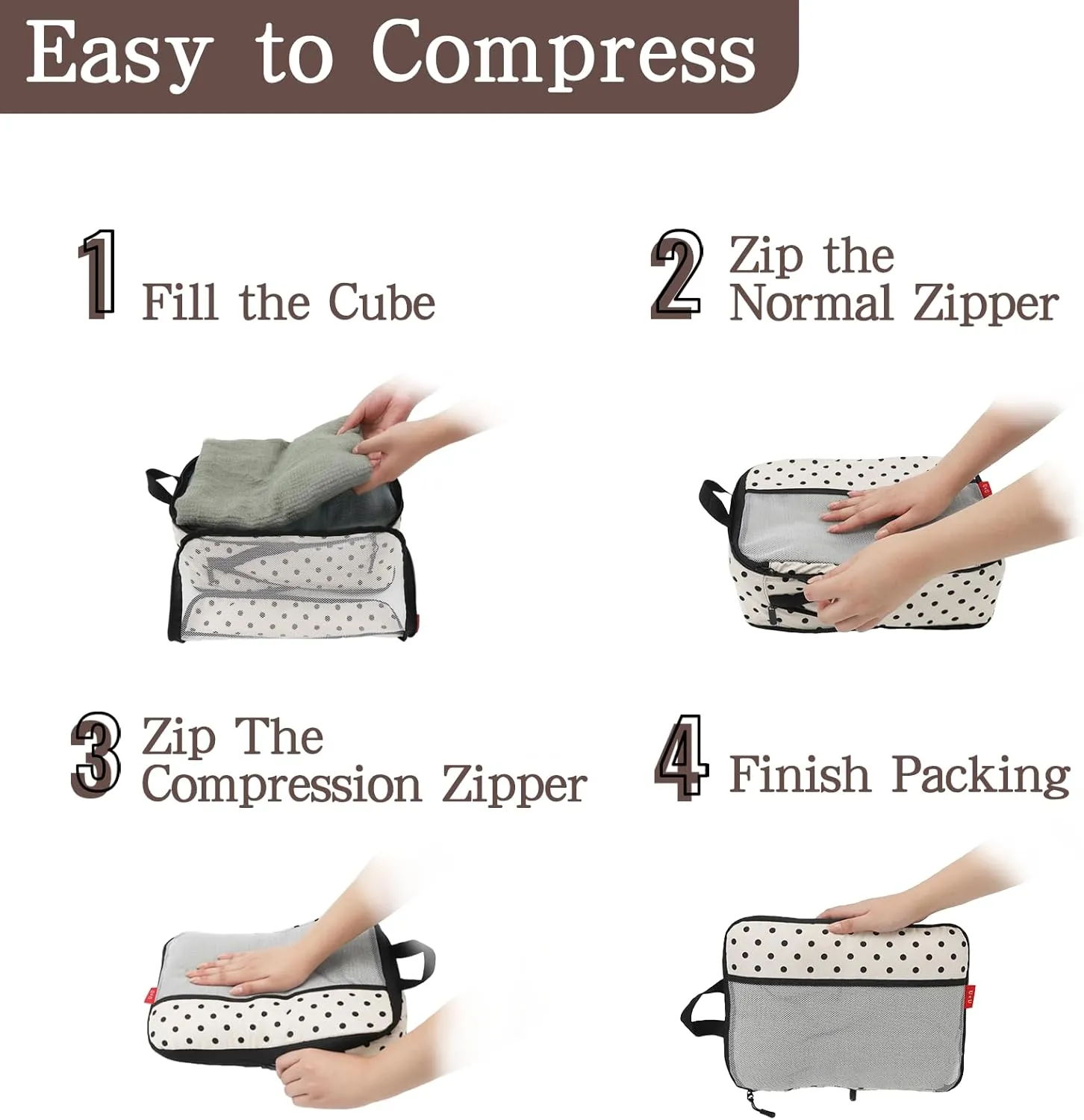 U U 6 Set Compression Packing Cubes - Ultralight Travel Organizers with Laundry Bag, Space-Saving Suitcase Organizer, Expandable Packing Cubes for Travel, Business Trip and Family Vacation (Polka Dot)