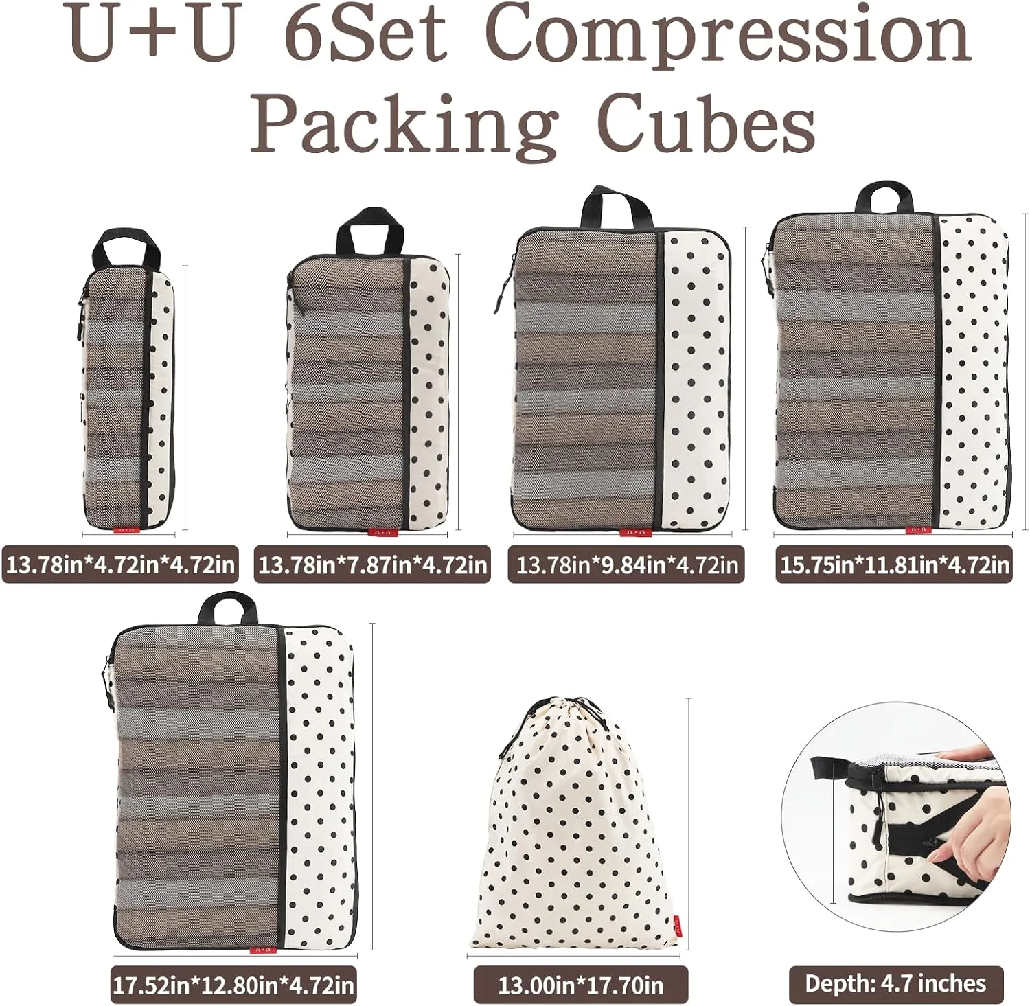 U U 6 Set Compression Packing Cubes - Ultralight Travel Organizers with Laundry Bag, Space-Saving Suitcase Organizer, Expandable Packing Cubes for Travel, Business Trip and Family Vacation (Polka Dot)