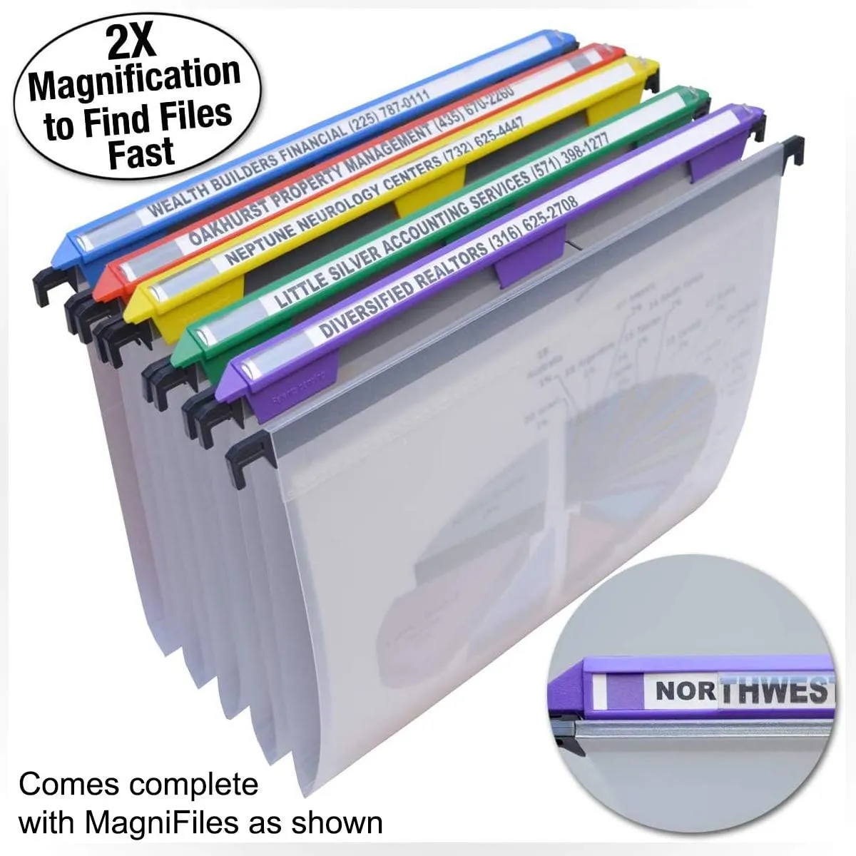 Ultimate Office Mesh Hanging File Organizer Complete with 5 MagniFile Hanging File Folders, Frost Files with Colored Indexes