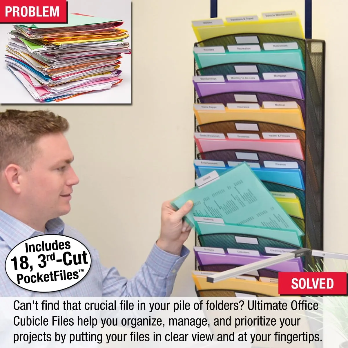 Ultimate Office Mesh Wall File Organizer Cubicle File Folder Holder Over the Panel Partition Display Rack. 15 Tier Capacity Includes 18, 3rd Cut PocketFile Document Folders (15-Tier)