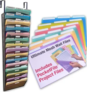 Ultimate Office Mesh Wall File Organizer Cubicle File Folder Holder Over the Panel Partition Display Rack. 15 Tier Capacity Includes 18, 3rd Cut PocketFile Document Folders (15-Tier)