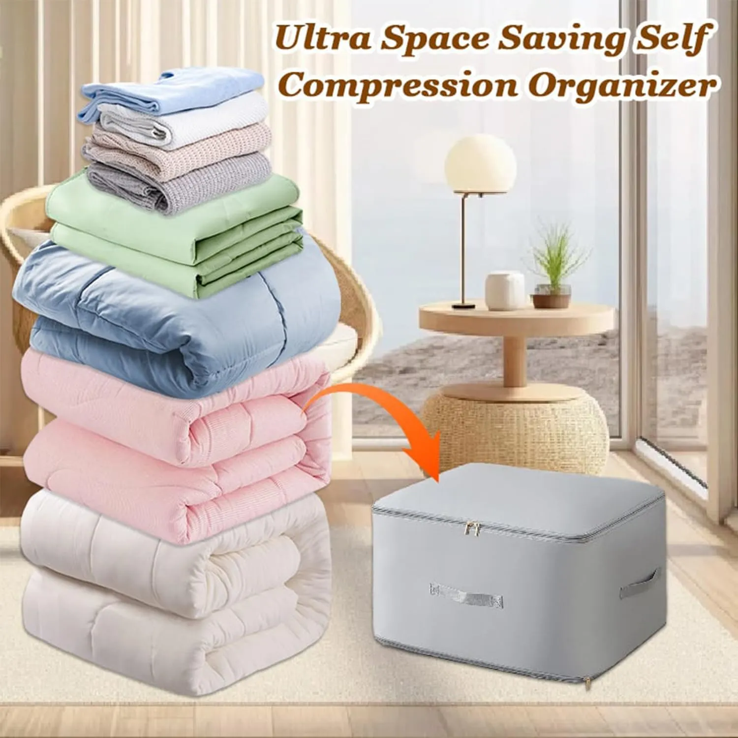 Ultra Space Saving Self Compression Organizer, Compression Duvet Storage Bag Large Capacity, Heavy Duty Moving Bags, Travel Packing Organizers Storage Tote for Clothes, Comforters (Gray, M L)