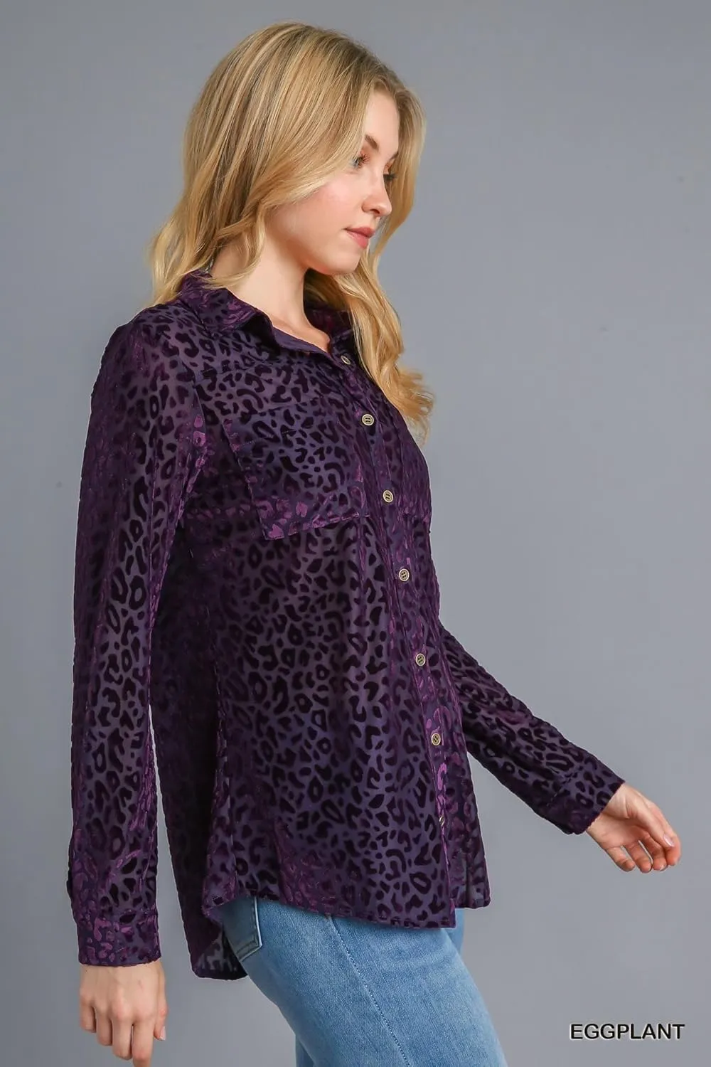 Umgee Animal Print Long Sleeve Velvet Button up Top with Pockets