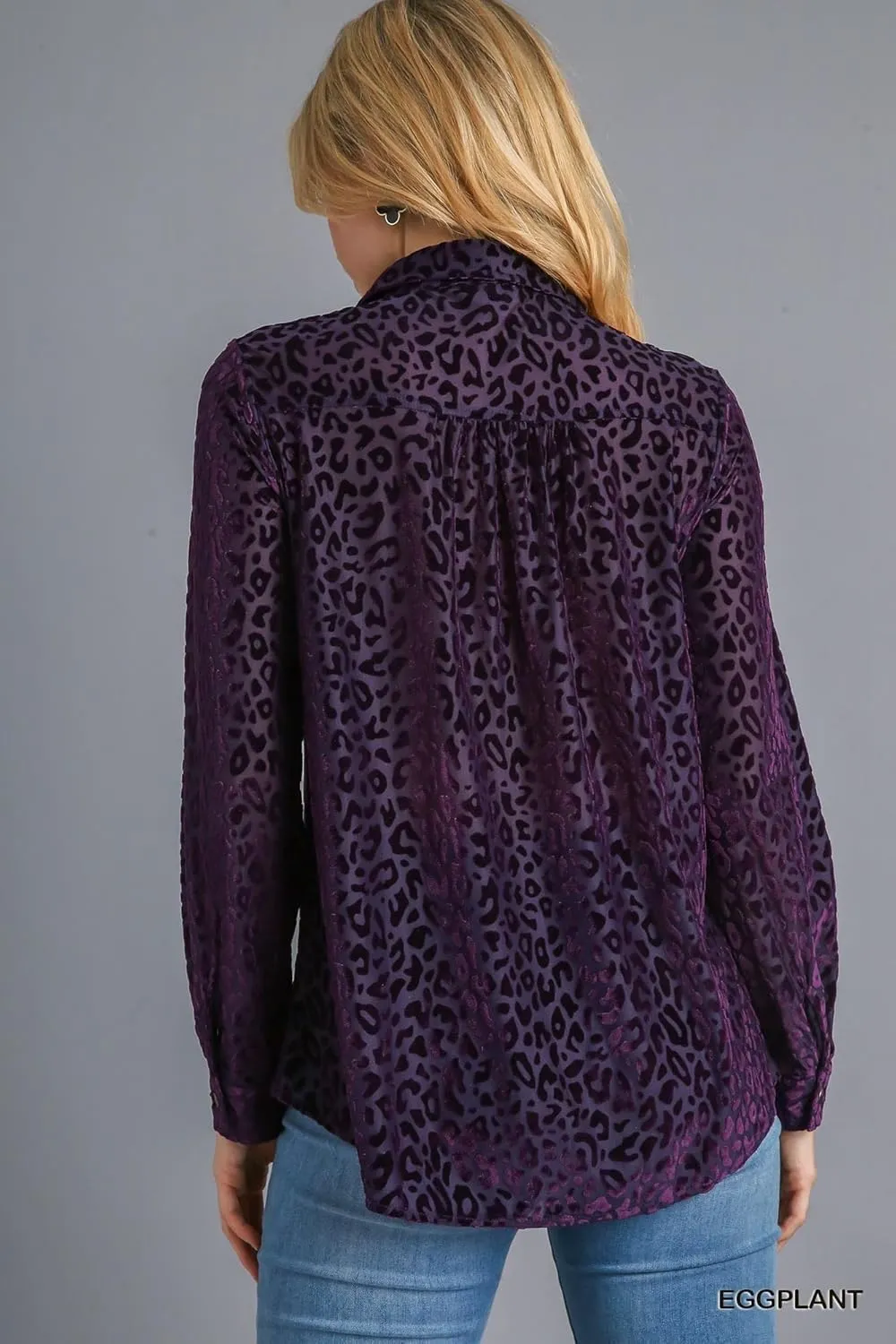 Umgee Animal Print Long Sleeve Velvet Button up Top with Pockets