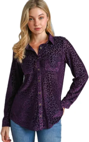 Umgee Animal Print Long Sleeve Velvet Button up Top with Pockets