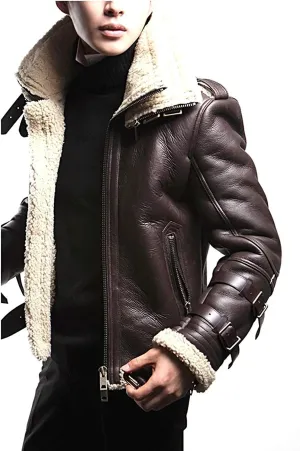 Unisex Moto Sheepskin Fur Double Collar Brown Aviator Bomber Leather Jacket XXS to 3XL (XXL-Jacket CHEST-52)