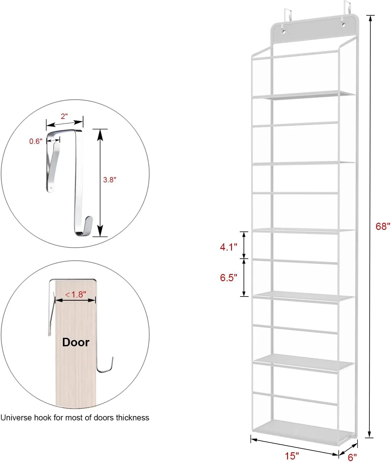 Univivi Over Door Hanging Organizer, Closet Door Organizer with 6 Clear Plastic Pockets & 2 Big Metal Hooks for Cosmetics, Bathroom, Nursery and Sundries