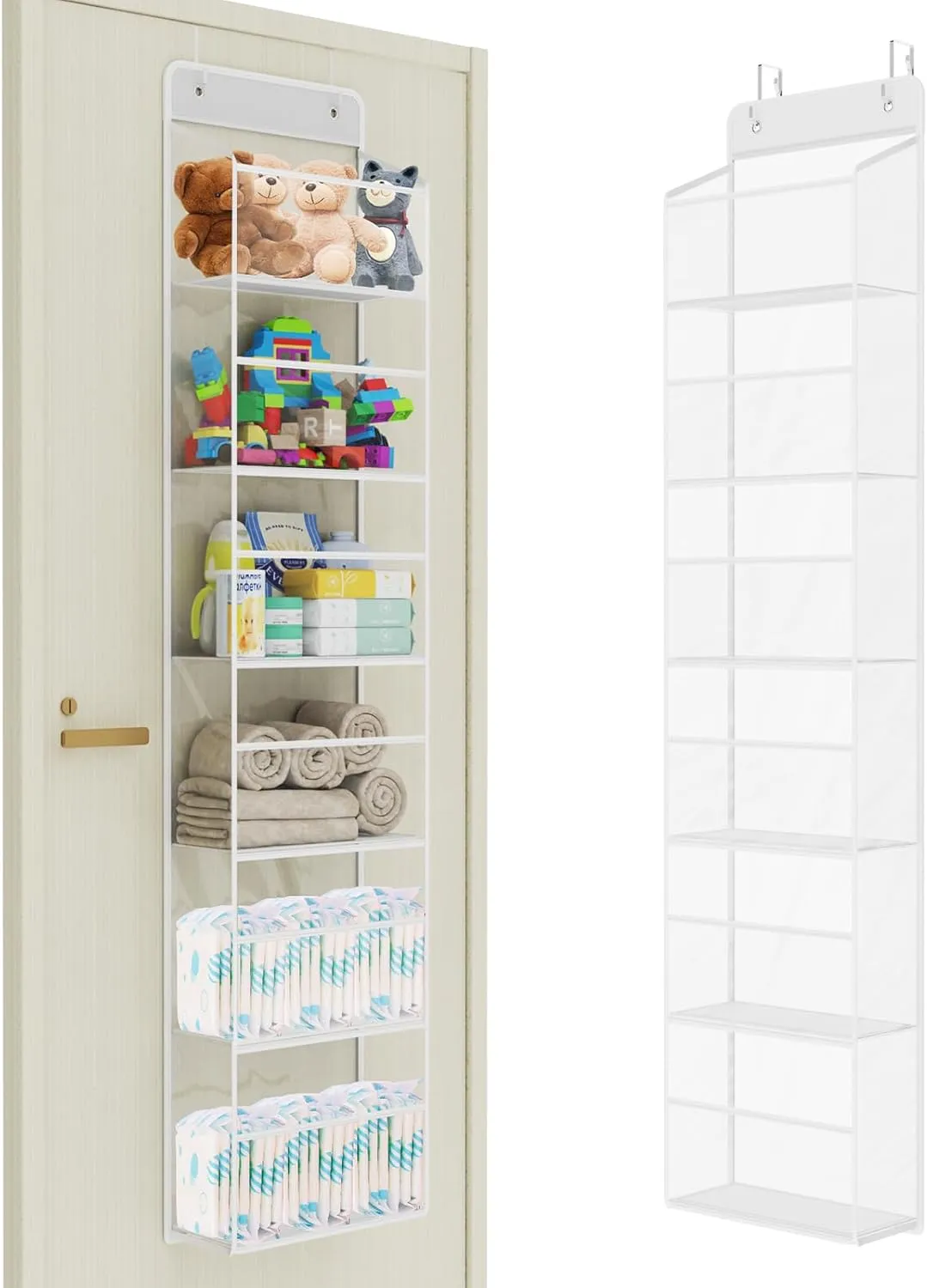 Univivi Over Door Hanging Organizer, Closet Door Organizer with 6 Clear Plastic Pockets & 2 Big Metal Hooks for Cosmetics, Bathroom, Nursery and Sundries